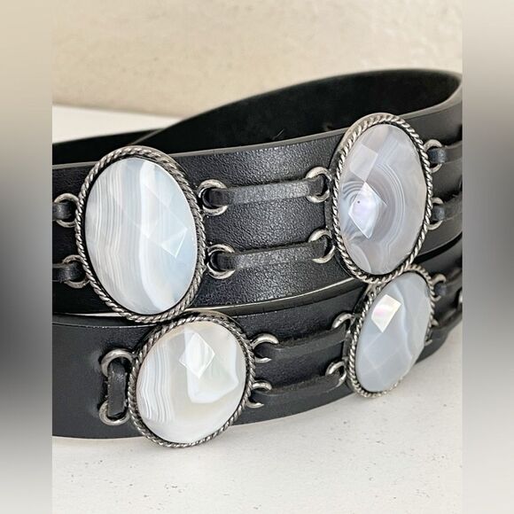 Vintage Leatherock Black Leather Belt with Silver gray stone Accents main image 7